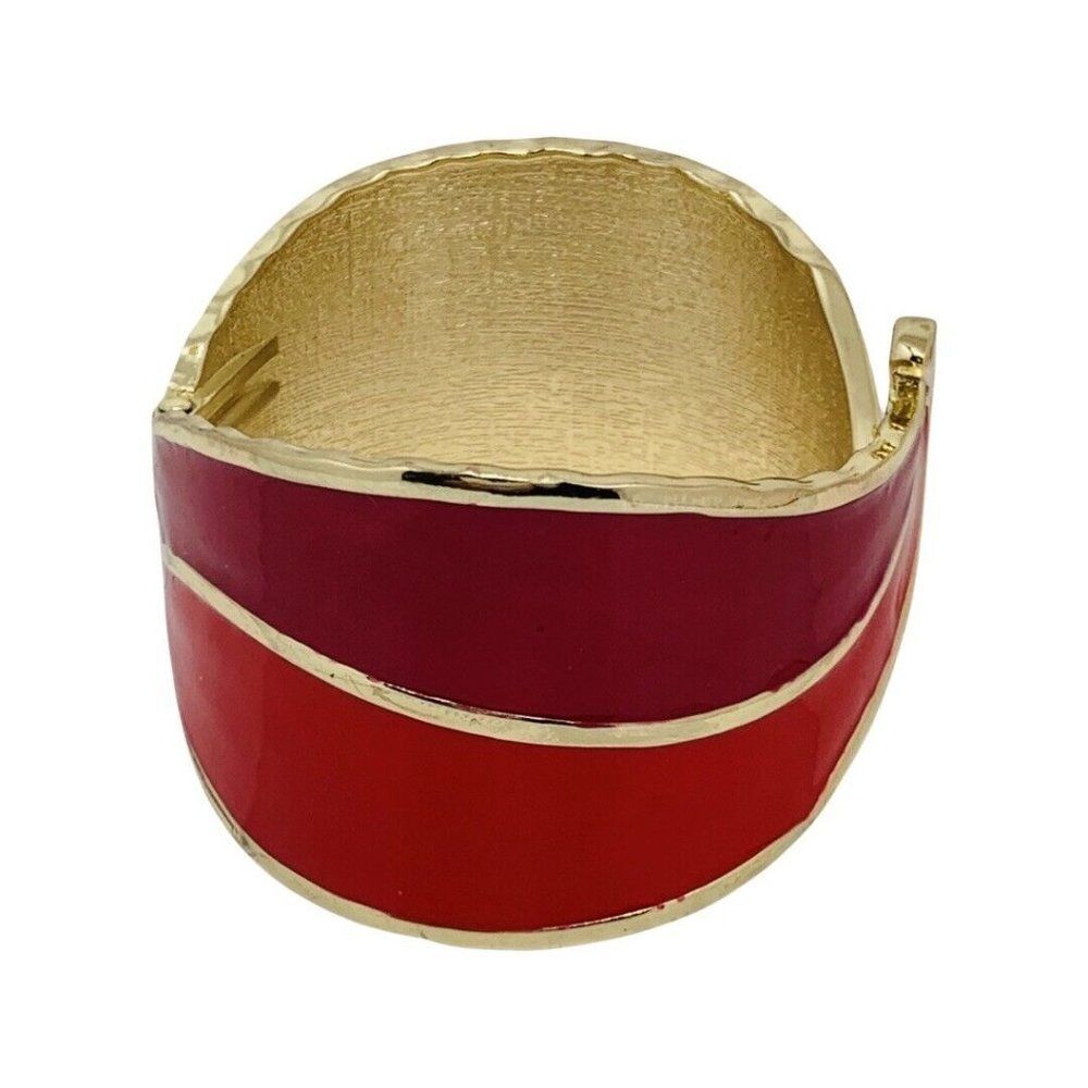 Vintage Pink Red Enamel Gold Tone Swirl Retro Clamper Bangle Bracelet Sz 6.5 - Picture 2 of 6